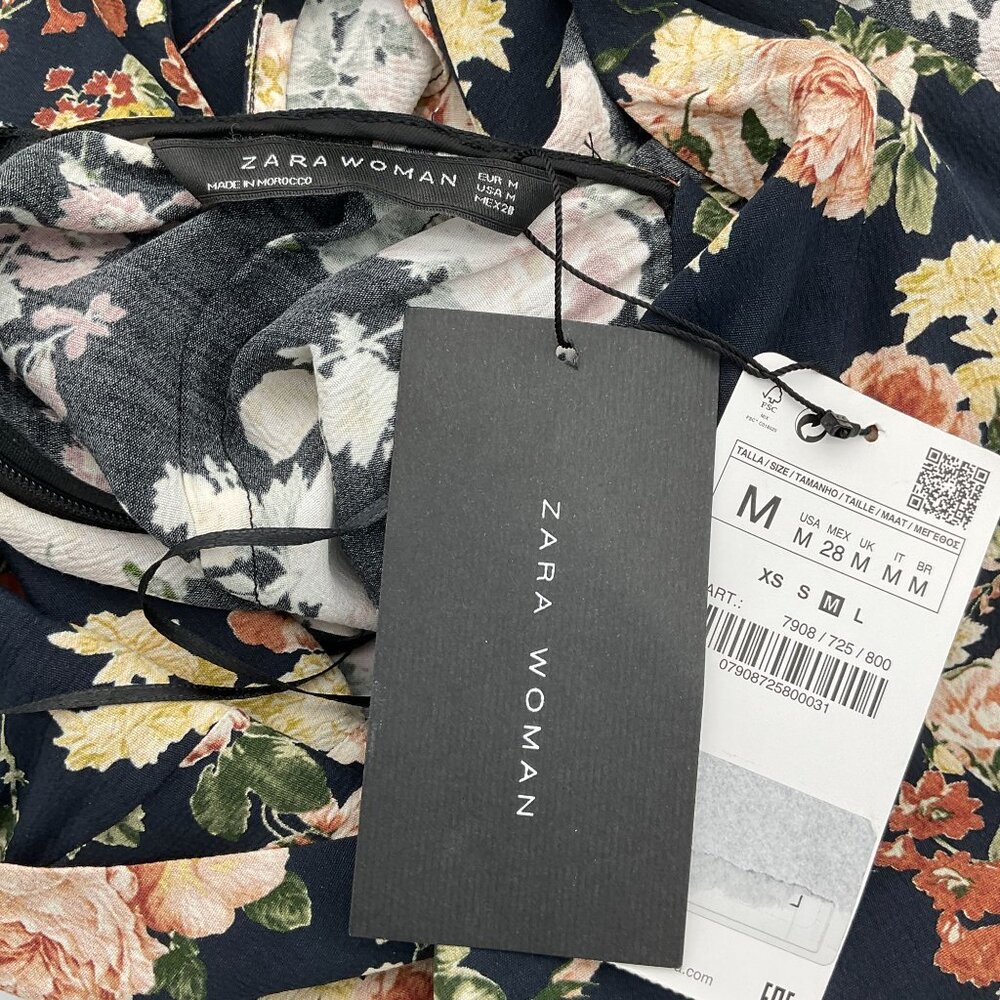 Zara Woman Floral Jumpsuit Ruffle Shoulder Tie Back Wide Leg Med NWT - Picture 7 of 9